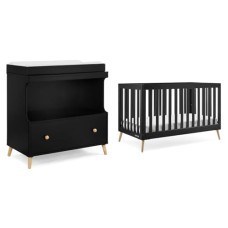 Delta Children Essex Convertible Changing Table with Drawer, Ebony/Natural & Essex 4-in-1 Convertible Baby Crib, Ebony with Natural Legs