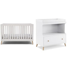 Delta Children Essex 4-in-1 Convertible Baby Crib, Bianca White with Natural Legs & Essex Convertible Changing Table with Drawer, Bianca White/Natural