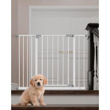 InnoTruth Baby Gate for Stairs 28.9-42.1" Wide, 30" Tall Easy Step Walk Through Expandable Dual Lock Dog Gates for The House, Metal Pressure Mounted Easy Install Pet Gate for Dogs, White