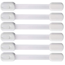 6 Pack Vmaisi Multi-Use Adhesive Straps Locks - Childproofing Baby Proofing Cabinet Latches for Drawers, Fridge, Dishwasher, Toilet Seat, Cupboard, Oven,Trash Can, No Drilling (White) (6)