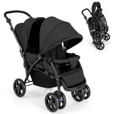 GLACER Foldable Twin Stroller, Double Baby Stroller w/Multi-Level Backrest, Canopy, Handle & Footrest, Safety Belt & Brake System, Travel Tandem Seating Stroller w/Lockable Wheels (Black)