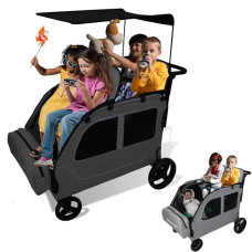 Germinate 4 Seater Wagon Stroller, Daycare Wagon for Kids 2 3 Toddler Travel All Terrain Quad Triple Twin Double Side by Side Stroller with Canopy Convertible Seats (Dark Grey)