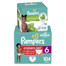 Pampers Pull On Cruisers 360° Fit Disposable Baby Diapers Size 6, 104 Count with Free & Gentle Baby Wipes 12 Flip-Top Packs (936 Wipes Total)