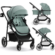 INFANS 2 in 1 Baby Stroller, High Landscape Infant Stroller & Reversible Bassinet Pram, Foldable Pushchair with Adjustable Canopy, Cup Holder, Storage Basket, Suspension Wheels (Green)