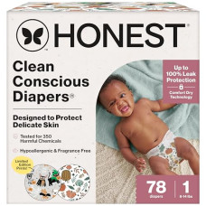 The Honest Company Clean Conscious Diapers for Delicate Skin | Up to 100% Leakproof | Hypoallergenic, Fragrance Free | Fall '25 Limited Edition Prints | Club Box, Size 1 (8-14 lbs), 78 Count