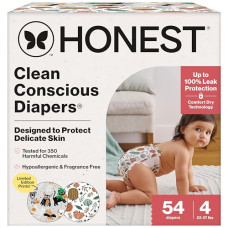 The Honest Company Clean Conscious Diapers for Delicate Skin | Up to 100% Leakproof | Hypoallergenic, Fragrance Free | Fall '25 Limited Edition Prints | Club Box, Size 4 (22-37 lbs), 54 Count