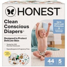 The Honest Company Clean Conscious Diapers for Delicate Skin | Up to 100% Leakproof | Hypoallergenic, Fragrance Free | Fall '25 Limited Edition Prints | Club Box, Size 5 (27+ lbs), 44 Count