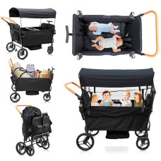 Stroller Wagon for 4 Kids Seated-Tandem Fold Stroller Push-Pull Lightweight Travel Trolley with 5-Point Harness,Adjustable Handle and Canopy,Mosquito Net,Footwells,Child Tray,Cup Holder,Storage
