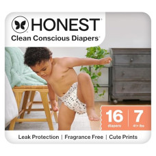 The Honest Company Clean Conscious Diapers for Delicate Skin | Up to 100% Leakproof | Hypoallergenic, Fragrance Free | Pattern Play | Polybag, Size 7 (41+ lbs), 16 Count